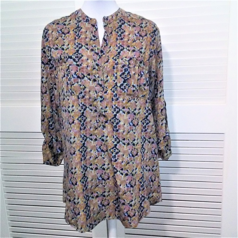Mix Nouveau Blouse Equestrian Colorful Roll Tab Sleeve‎ Size Small